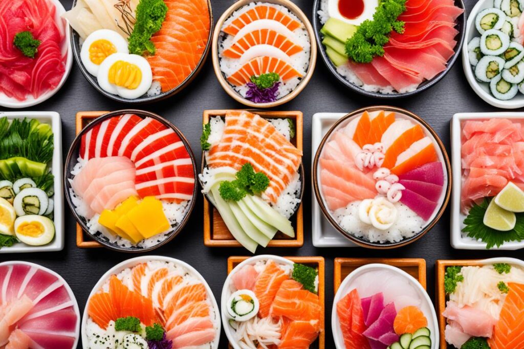 seafood presentations in chirashi and sashimi