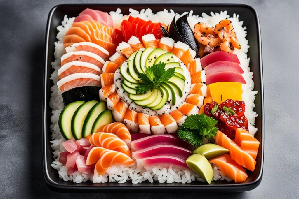 sushi rice and chirashi toppings