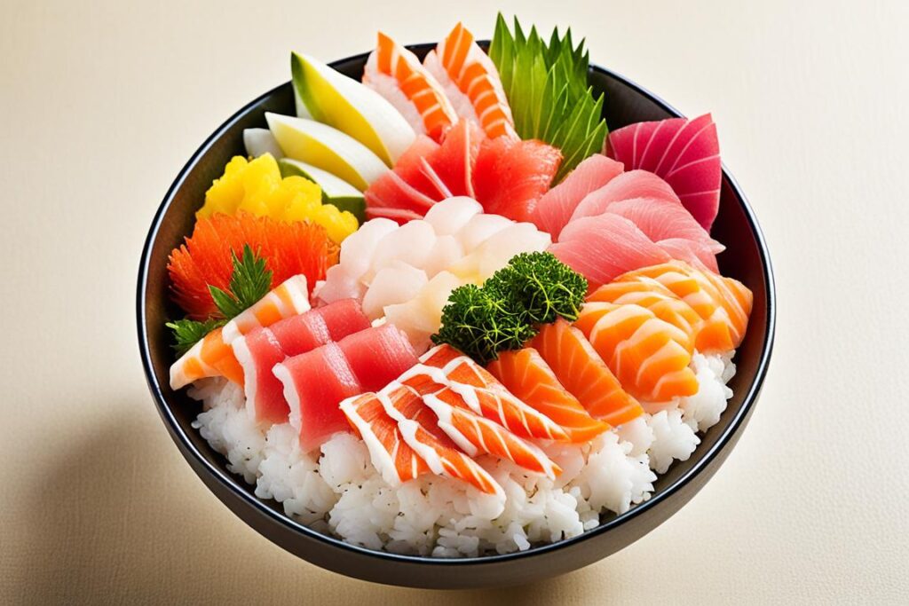 sushi rice and sashimi in chirashi